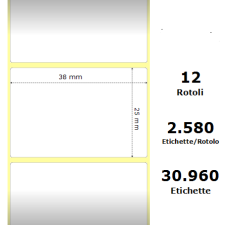 White 38x25mm, 2580 Et/Rotolo Z-1000D,1.5x1x1 Core ,12 Rolls