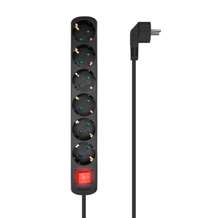AISENS Base multiple 6 tomas con interruptor con cable 3x1.5mm2, negro, 1.4m