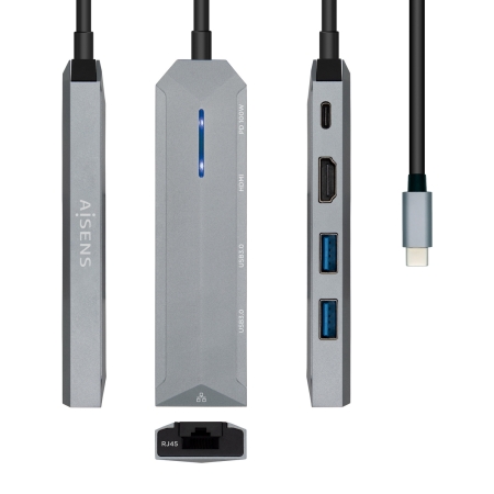 AISENS - USB-C DOCK 5 EN 1, USB-C A 1xHDMI, 1xRJ45, 2xUSB, 1xPD, GRIS, 15CM