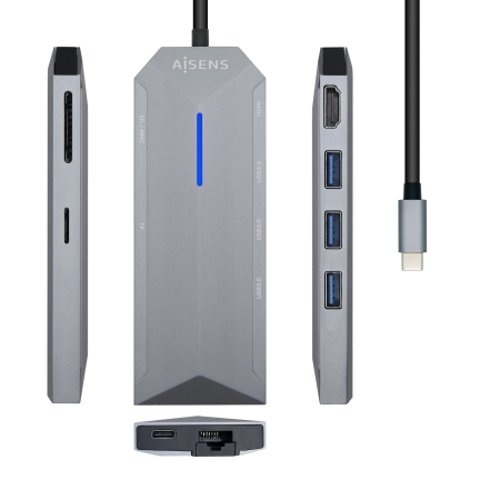 AISENS - USB-C DOCK 8 EN 1, USB-C A 1xHDMI, 1xRJ45, 3xUSB, 1xPD, 1xSD, 1xMICRO SD, GRIS, 15CM
