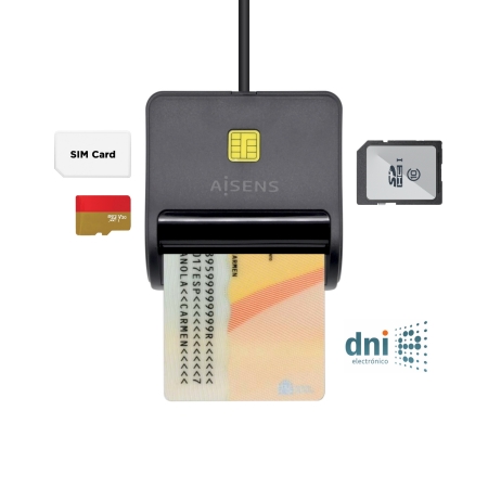 AISENS Lector de tarjeta DNI con lector de tarjetas sim, sd, micro sd, mmc, rs-mmc, mmc micro, negro