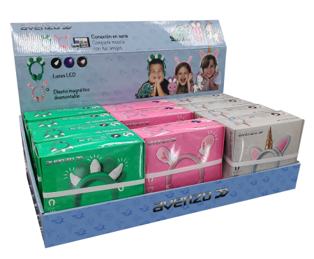 AVENZO Pack Auriculares Infantiles + Expositor: 4 Conejo + 4 Dinosaurio + 4 Unicornio + expositor