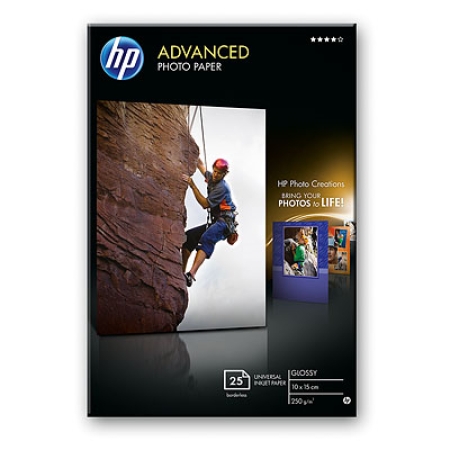 HP Papel fotografico satinado avanzado 250g/m2, 10x15cm, sin bordes, 25 hojas