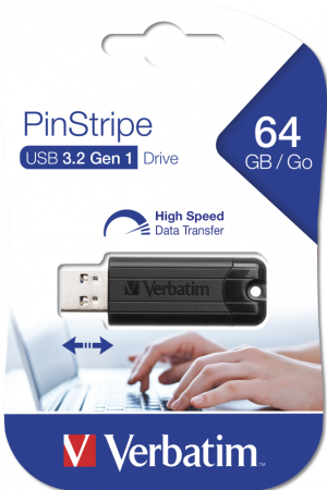 VERBATIM PENDRIVE PINSTRIPE 64GB HIGH SPEED RETRACTIL USB 3.2 NEGRO