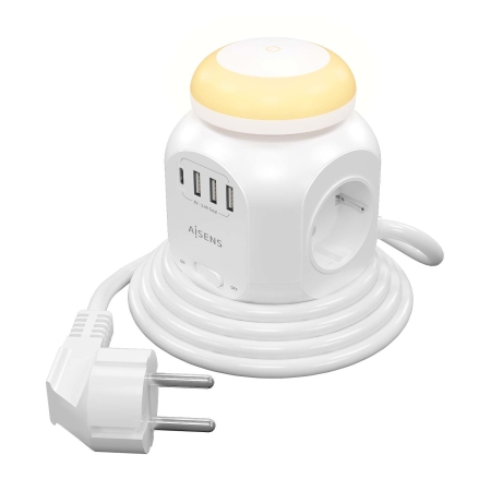AISENS - REGLETA DE ENCHUFES SOBREMESA MULTIFUNCION CON 4 TOMAS + 1XUSB-C, 3XUSB-A, LUZ NOCTURNA, 1.8M, BLANCO