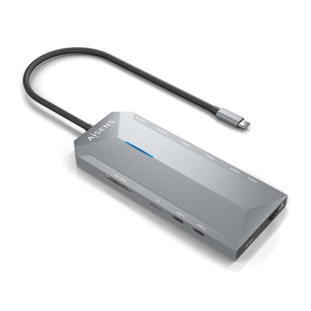 AISENS - USB-C DOCK 12 EN 1, USB-C A 2XHDMI, 1XRJ45, 3XUSB-A, 2XUSB-C, 1XUSB-C PD, 1XAUDIO, 1XSD, 1XMICRO SD, GRIS, 15CM
