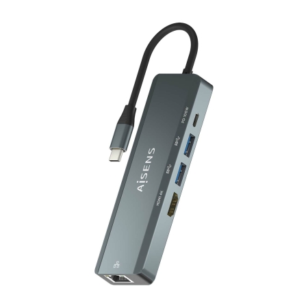 AISENS - USB-C DOCK 5 EN 1, USB-C A 1xHDMI, 1xRJ45, 2xUSB, 1xPD, GRIS, 15CM