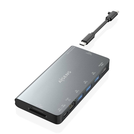 AISENS - USB-C DOCK 8 EN 1, USB-C A 1xHDMI, 1xRJ45, 3xUSB-A, 1xUSB-C DATOS+PD, 1xSD, 1xMICRO SD, GRIS, 10CM