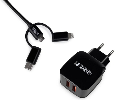 SUBBLIM Cargador ABS Dual Wall Charger 2.4A+Cable 3in1 Black