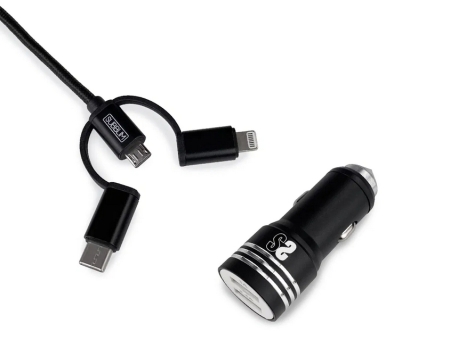 SUBBLIM Cargador coche Dual Alum 2.4A + Cable 3 in1 Black