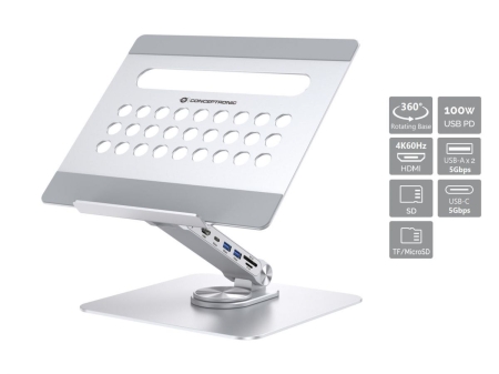 CONCEPTRONIC soporte portatil con docking 7 en 1, base giratoria de 360°, plegable, altura ajustable