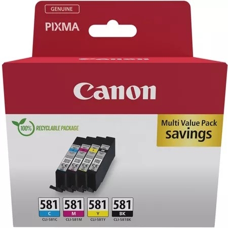 CANON Pack 4 Cartuchos C/M/Y/BK CLI581 Pixma TR8550 TS6250 TS8250 TS9150 TS9550 Multi ECOPACK