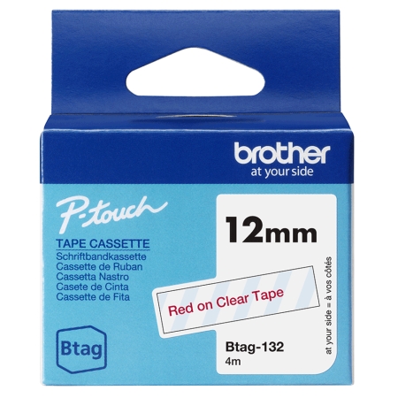 BROTHER Cinta domestica Btag 132 rojo sobre trasparente. Ancho: 12 mm. Longitud: 4 m