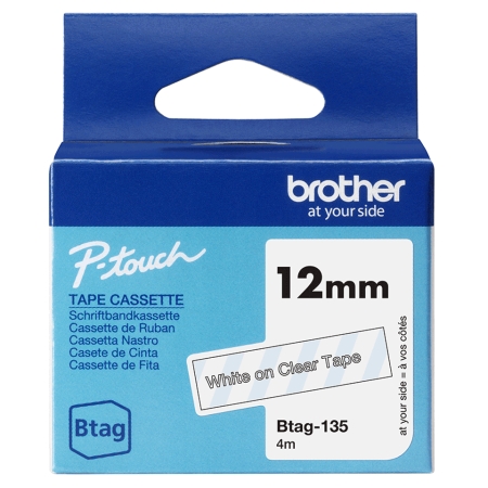 BROTHER Cinta domestica Btag 135 blanco sobre trasparente. Ancho: 12 mm. Longitud: 4 m