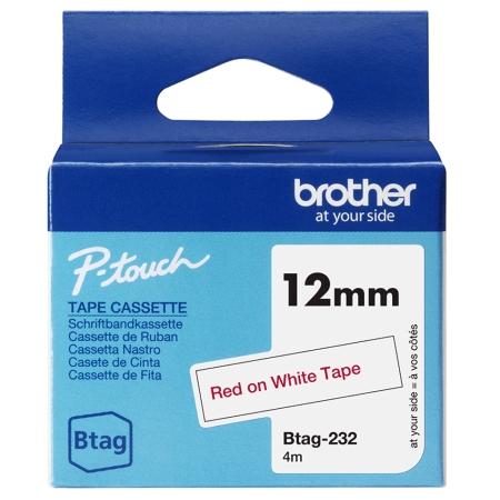 BROTHER Cinta domestica Btag 232 rojo sobre blanco. Ancho: 12 mm. Longitud: 4 m