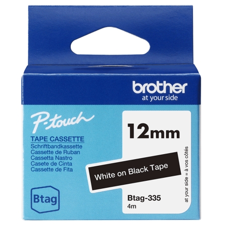 BROTHER Cinta domestica Btag 335 blanco sobre negro. Ancho: 12 mm. Longitud: 4 m