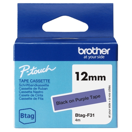 BROTHER Cinta domestica Btag F31 negro sobre morado. Ancho: 12 mm. Longitud: 4 m