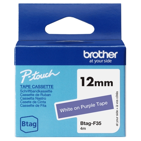 BROTHER Cinta domestica Btag F35 blanco sobre morado. Ancho: 12 mm. Longitud: 4 m