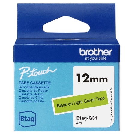 BROTHER Cinta domestica Btag G31 negro sobre verde. Ancho: 12 mm. Longitud: 4 m