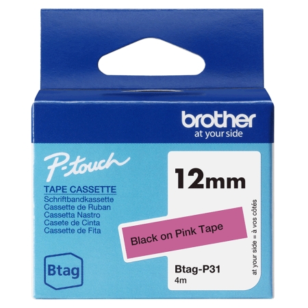 BROTHER Cinta domestica Btag P31 negro sobre rosa. Ancho: 12 mm. Longitud: 4 m