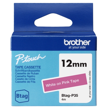 BROTHER Cinta domestica Btag P35 blanco sobre rosa. Ancho: 12 mm. Longitud: 4 m