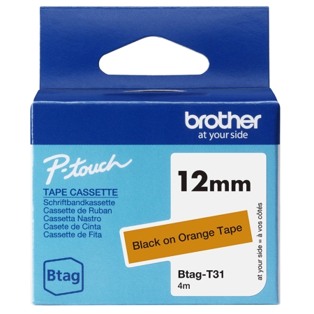 BROTHER Cinta domestica Btag T31 negro sobre naranja. Ancho: 12 mm. Longitud: 4 m