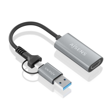 AISENS - CONVERSOR ALUMINIO USB-A+USB-C A HDMI 1080P@60HZ, USB-A/M+USB-C/M-HDMI/H, GRIS, 15CM