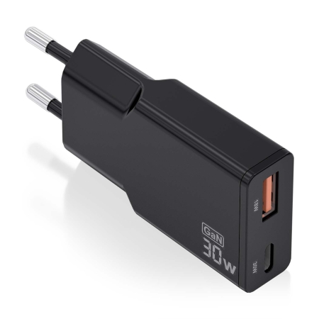AISENS - CARGADOR GaN ULTRA DELGADO 30W, 1xUSB-C PD3.0 QC4.0, 1xUSB-A QC3.0, NEGRO