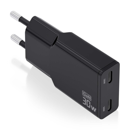 AISENS - CARGADOR GaN ULTRA DELGADO 30W, 2xUSB-C PD3.0 QC4.0, NEGRO