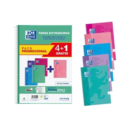 OXFORD PAQ.4+1 CUADERNOS TAPA EXTRADURA 80H 90G CUADRICULA 4X4 FOLIO COLORES TENDENCIA