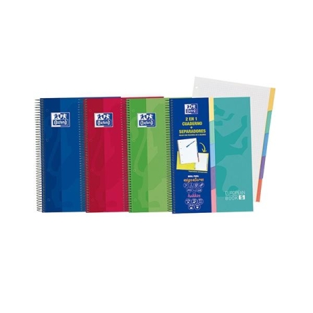 OXFORD CUADERNO ESPIRAL EUROPEANBOOK 5 90G 100H CUADRICULA 5X5 A4+ COLORES SURTIDOS