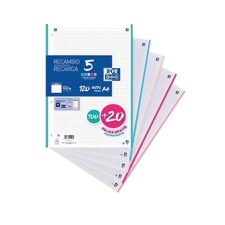 OXFORD RECAMBIO 4 TALADROS 100H+20 GRATIS 90G CUADRICULA 5X5 A4 BAN COLORES PASTEL