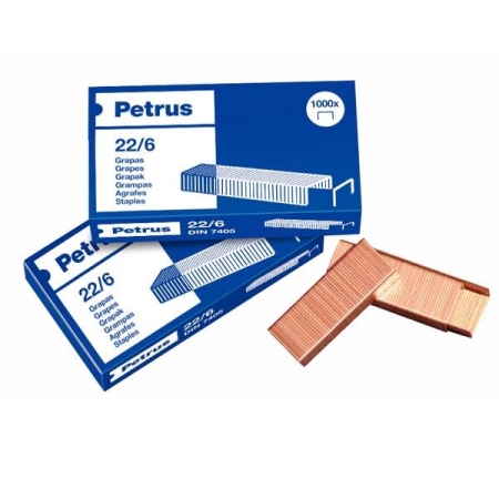 PETRUS Grapas Petrus 22/6 - Cobreadas - 30 hojas - Caja 1000 grapas