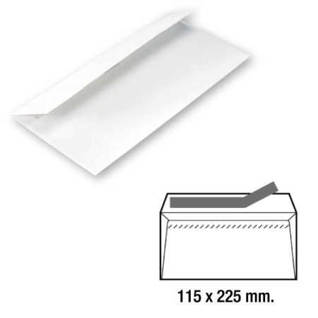 SAM Sobres americano - 115 X 225 mm - 90 g - Tira de silicona - Ventana derecha - Color blanco - Caja 500 sobres
