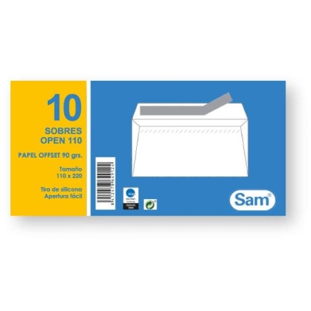 SAM Paq.10 sobres offset 90g 110x220mm blanco