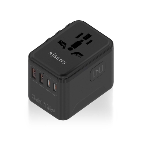 AISENS - ADAPTADOR ENCHUFE UNIVERSAL PARA VIAJE EU/USA/UK/AU CON CARGADOR USB GaN, 2xUSB-A QC3.0, 2xUSB-C PD3.0 25W, NEGRO