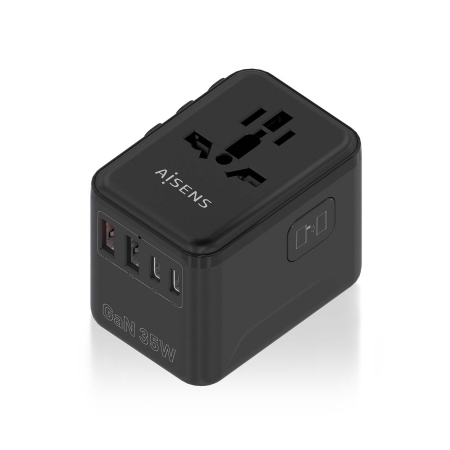 AISENS - ADAPTADOR ENCHUFE UNIVERSAL PARA VIAJE EU/USA/UK/AU CON CARGADOR USB GaN, 2xUSB-A (A1 QC3.0),3xUSB-C (C1 PD3.0) 35W, NEGRO
